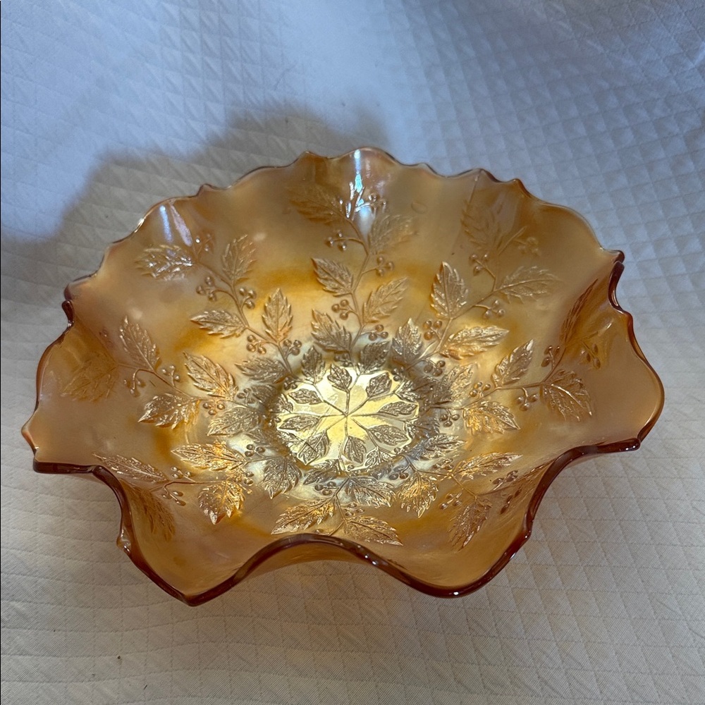 Antique Fenton “Holly” Carnival Glass bowl 9” Marigold